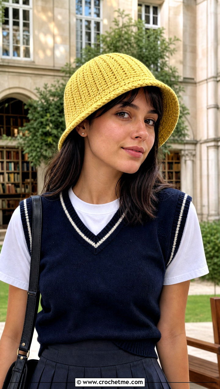 Ribbed Look Double Crochet Bucket Hat With Sweater Vest And Pleated Skirt - 25 Double Crochet Bucket Hat outfit ideas