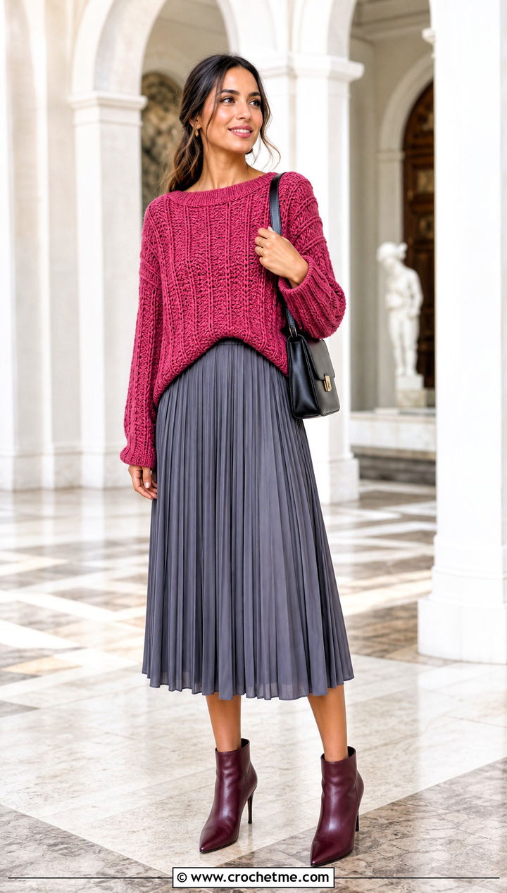 Ribbed Loose Crochet Sweater With Pleated Midi Skirt - 30 loose crochet sweater outfit ideas