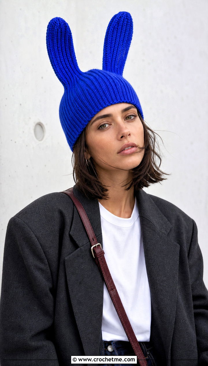 Ribbed Louise Crochet Bunny Ear Beanie With Blazer And Straight Leg Jeans - 25 Louise Crochet Hat outfit ideas