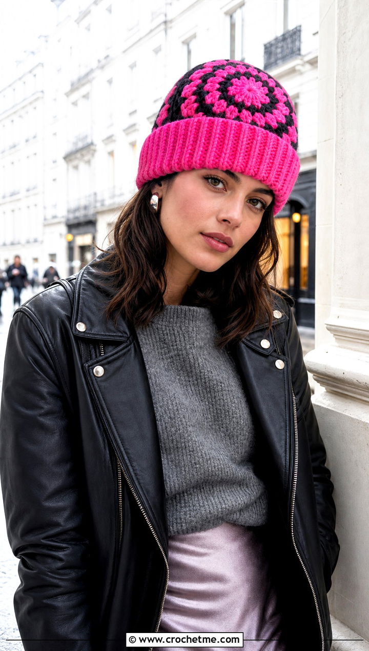 Ribbed Mandala Crochet Beanie With Leather Jacket - 20 Mandala Crochet Beanie outfit ideas