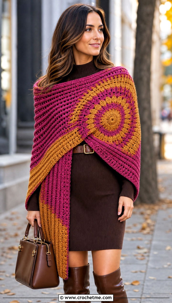 Ribbed Mandala Yarn Crochet Shawl With Sweater Dress - 20 Mandala Yarn Crochet Shawl outfit ideas