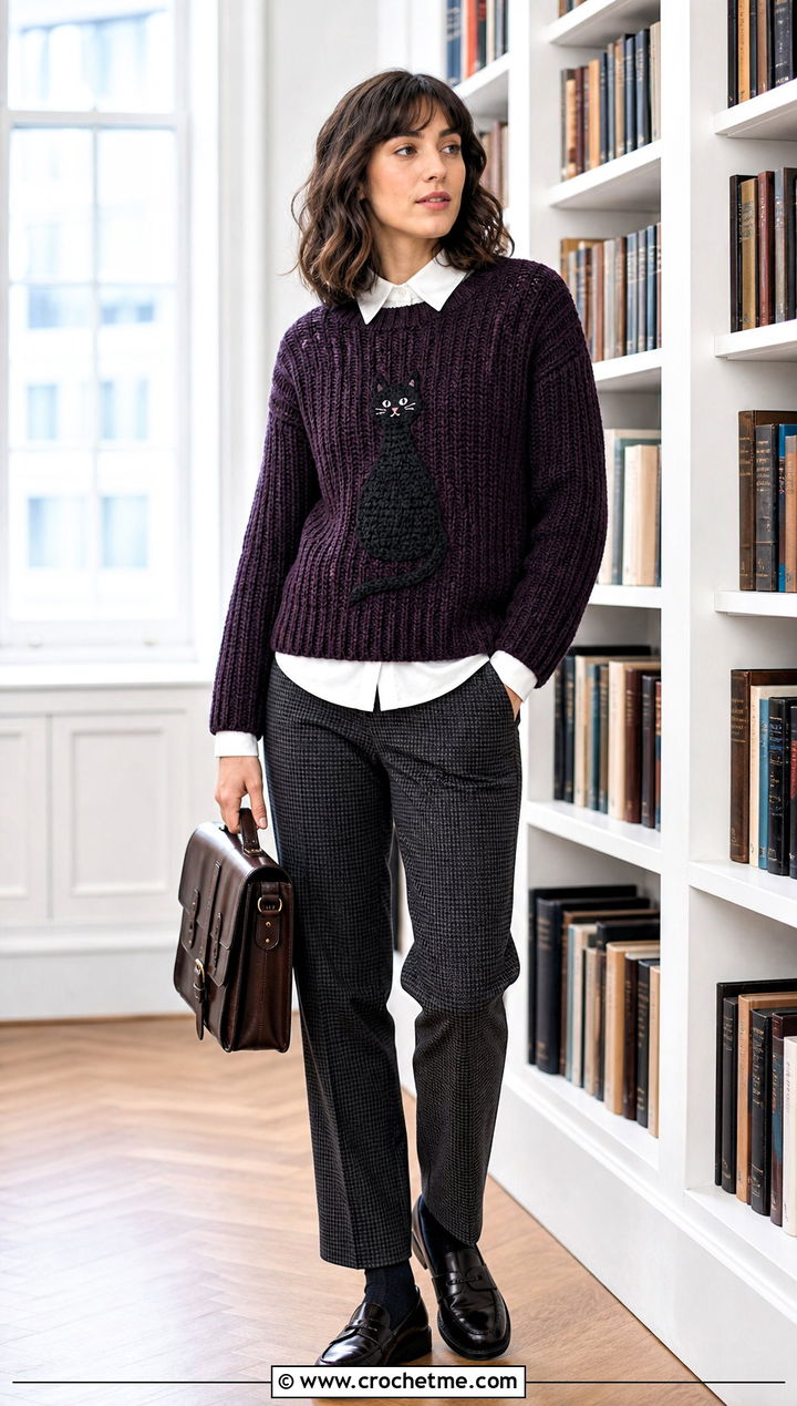 Ribbed Marceline Cat Sweater With Plaid Trousers - 30 crochet marceline sweater outfit ideas
