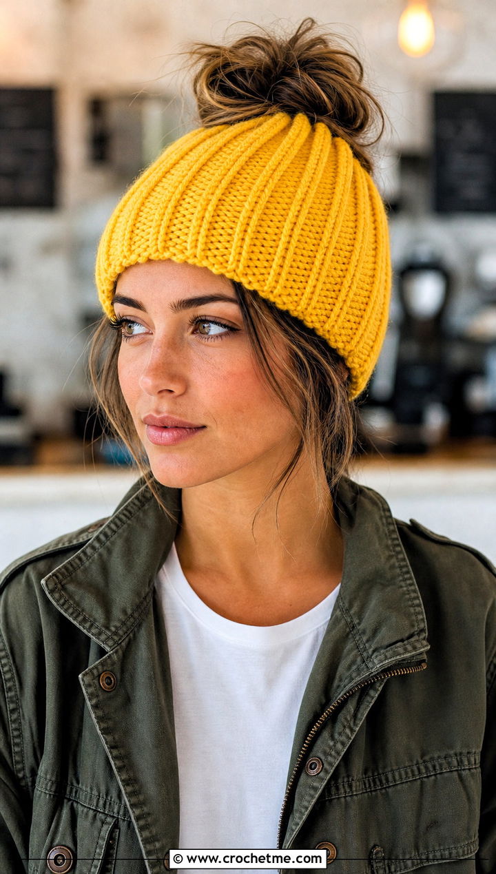 Ribbed Messy Bun Beanie With Straight Leg Jeans - 15 bun crochet hat outfit ideas