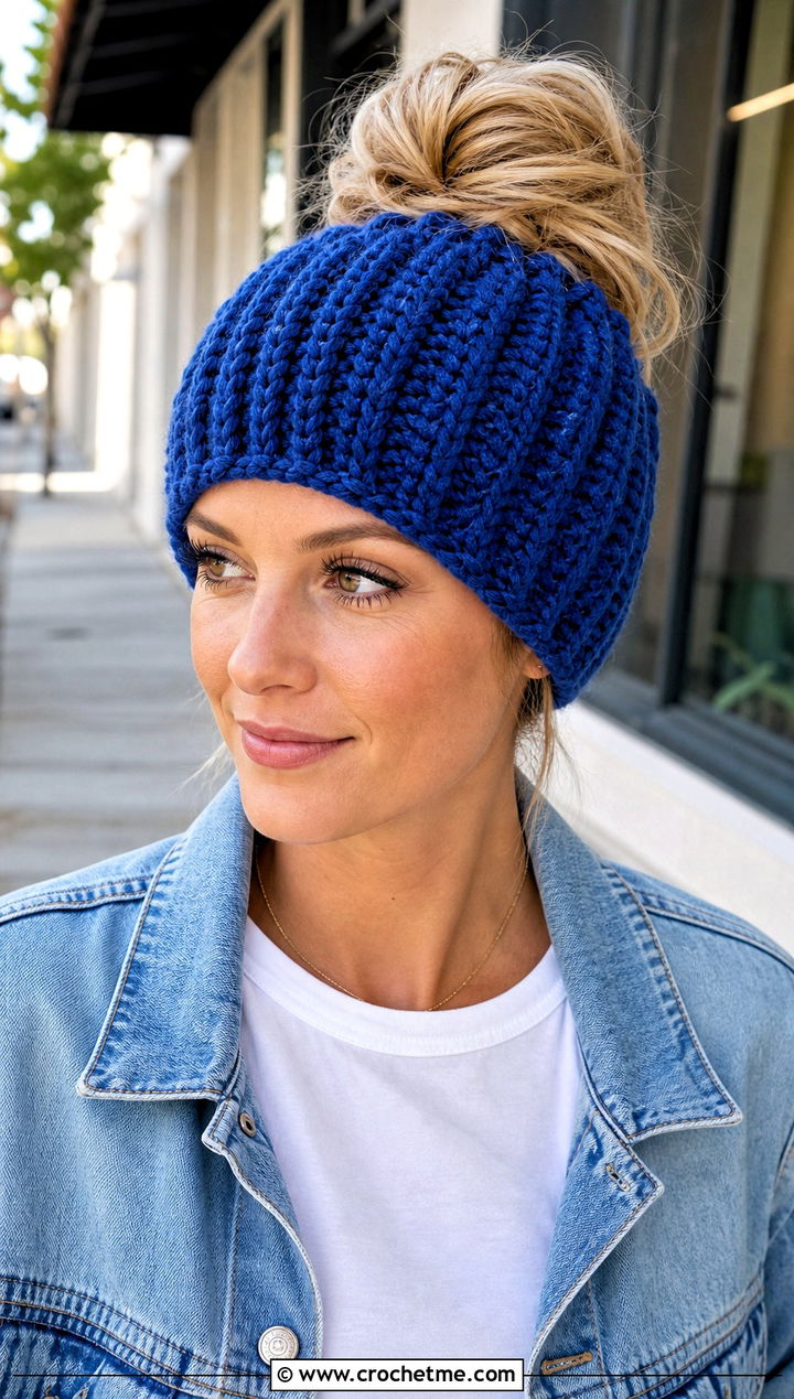 Ribbed Messy Bun Crochet Beanie With Denim Jacket - 30 easy messy bun crochet beanie outfit ideas
