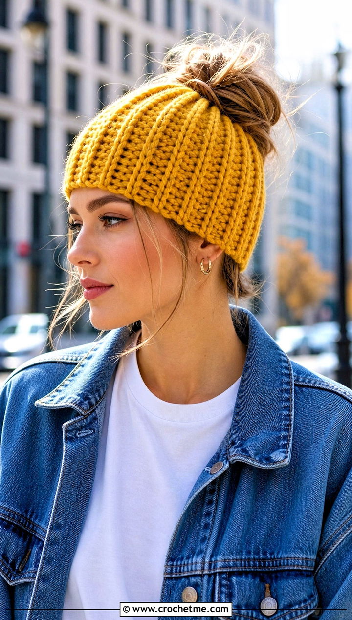 Ribbed Messy Bun Crochet Hat With Denim Jacket - 25 messy bun crochet hat with hair tie outfit ideas