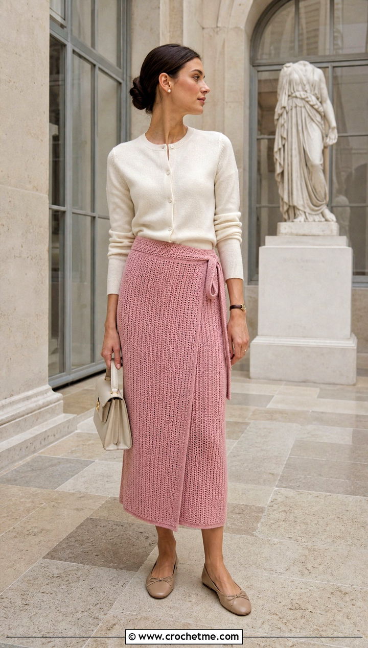 Ribbed Midi Crochet Wrap Around Skirt With Fine Knit Cardigan - 30 crochet wrap around skirt outfit ideas