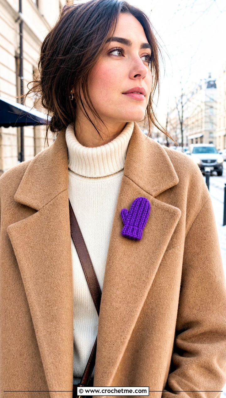 Ribbed Mini Crochet Mitten Brooch With Wool Coat - 15 mini crochet mittens outfit ideas