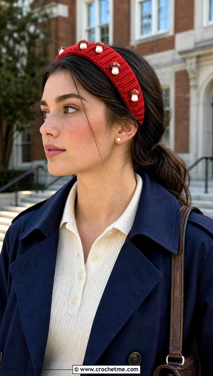 Ribbed Mini Mushroom Headband With Knit Polo - 25 mushroom crochet headband outfit ideas