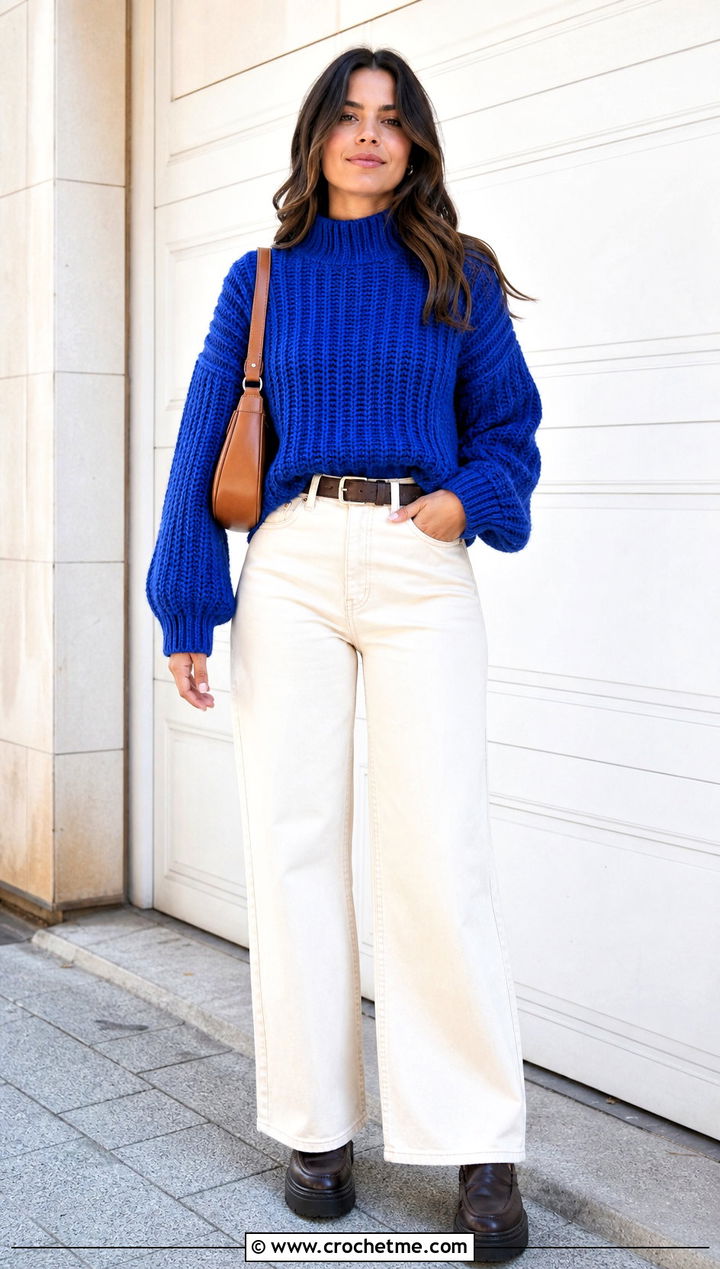 Ribbed Mock Neck Crochet Sweater With Wide Leg Jeans - 30 bulky yarn crochet sweater outfit ideas
