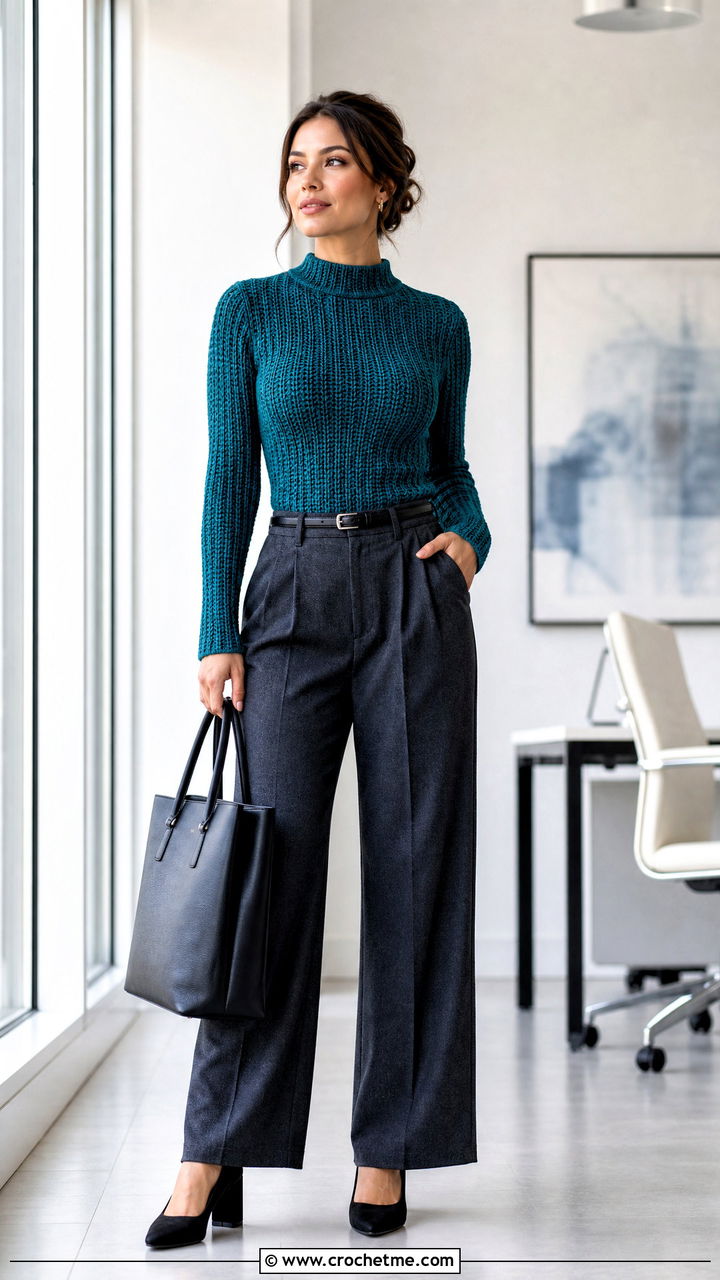 Ribbed Mock Neck Crochet Top With Tailored Trousers - 35 crochet top with sleeves outfit ideas