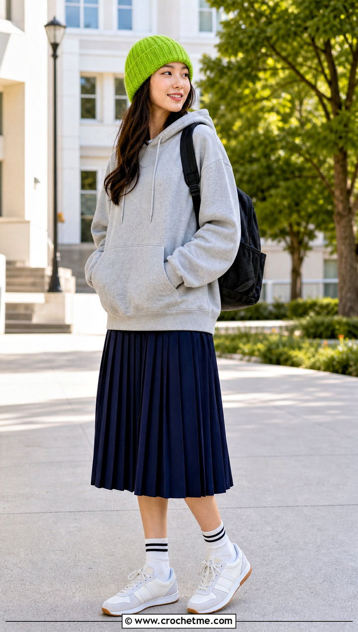 Ribbed Mohair Crochet Beanie With Hoodie And Pleated Skirt - 35 mohair crochet beanie outfit ideas