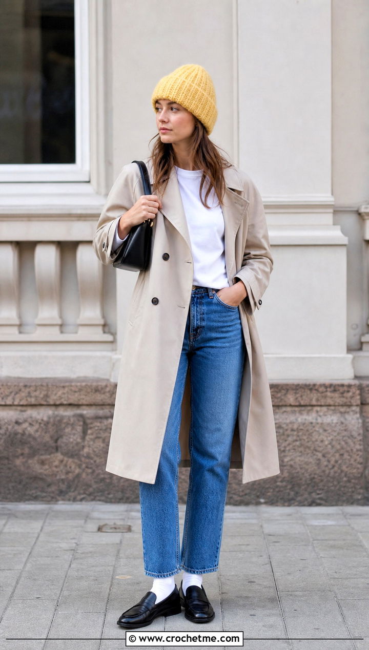 Ribbed Mohair Crochet Beanie With Trench Coat And Jeans - 35 Mohair Crochet Hat outfit ideas