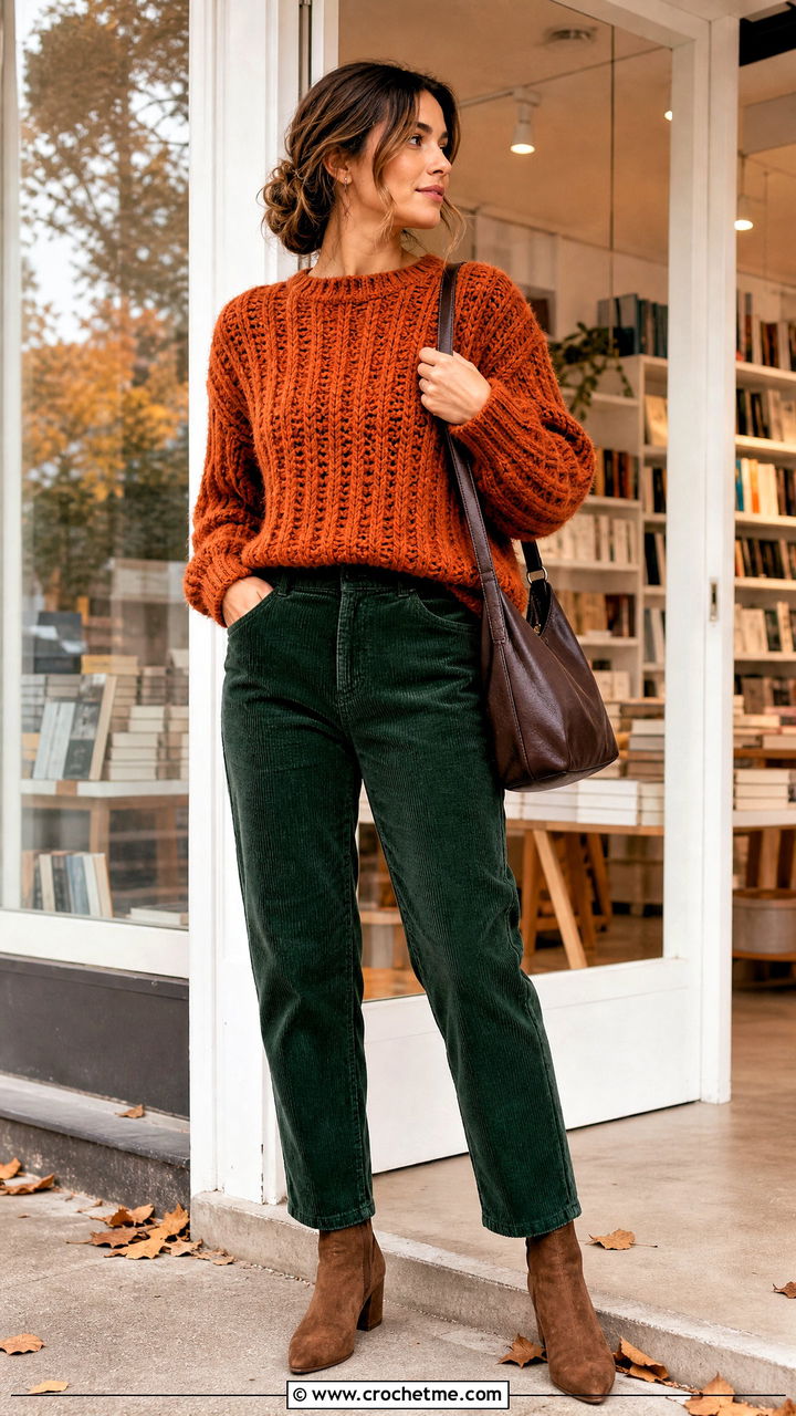 Ribbed Mohair Crochet Sweater With Corduroy Pants - 35 mohair crochet sweater outfit ideas