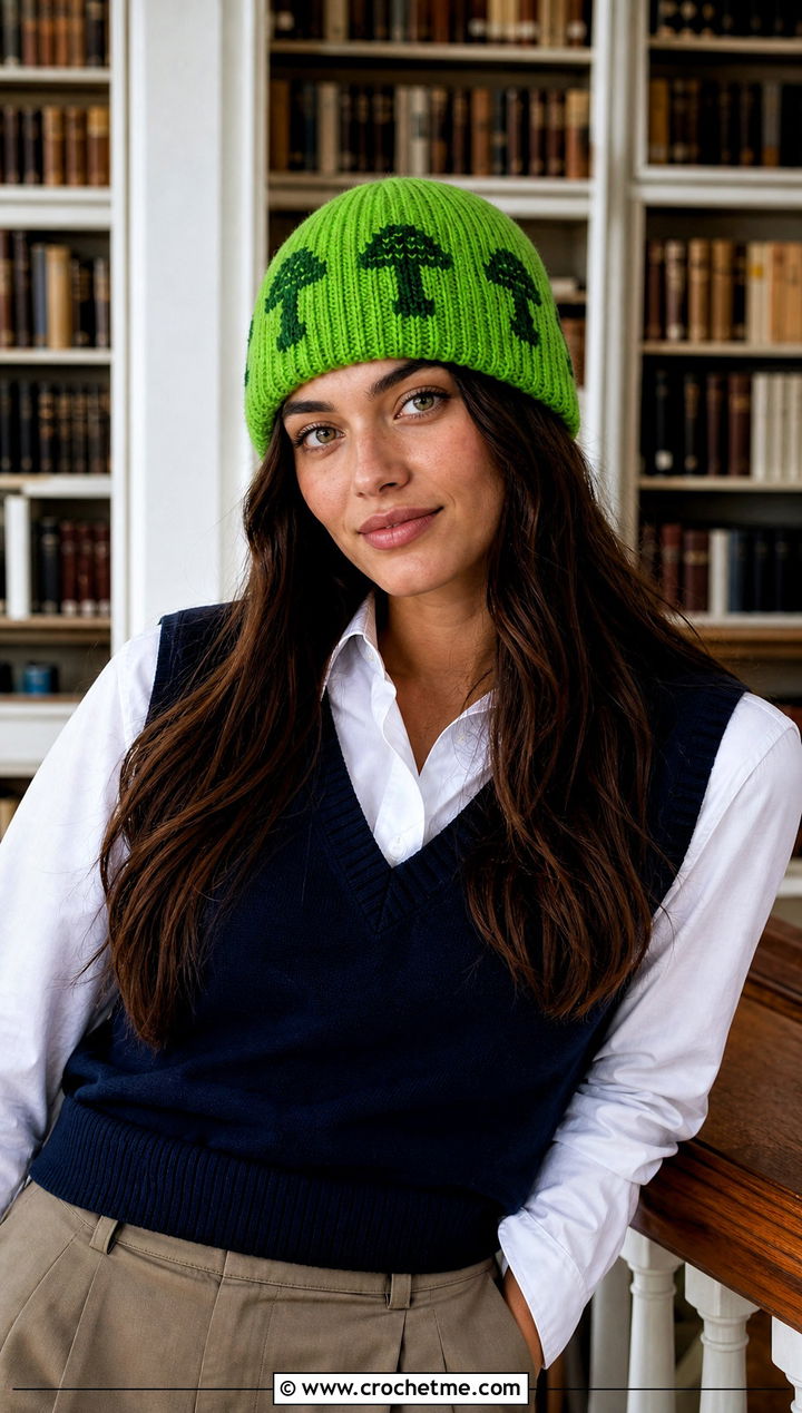 Ribbed Mushroom Beanie With Sweater Vest And Oxford Shirt - 20 crochet mushroom beanie outfit ideas