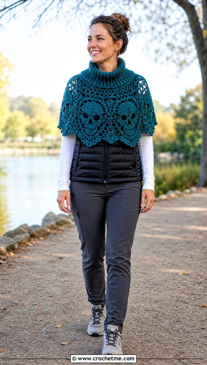 Ribbed Neck Crochet Skull Shawl With a Puffer Vest - 35 crochet skull shawl outfit ideas