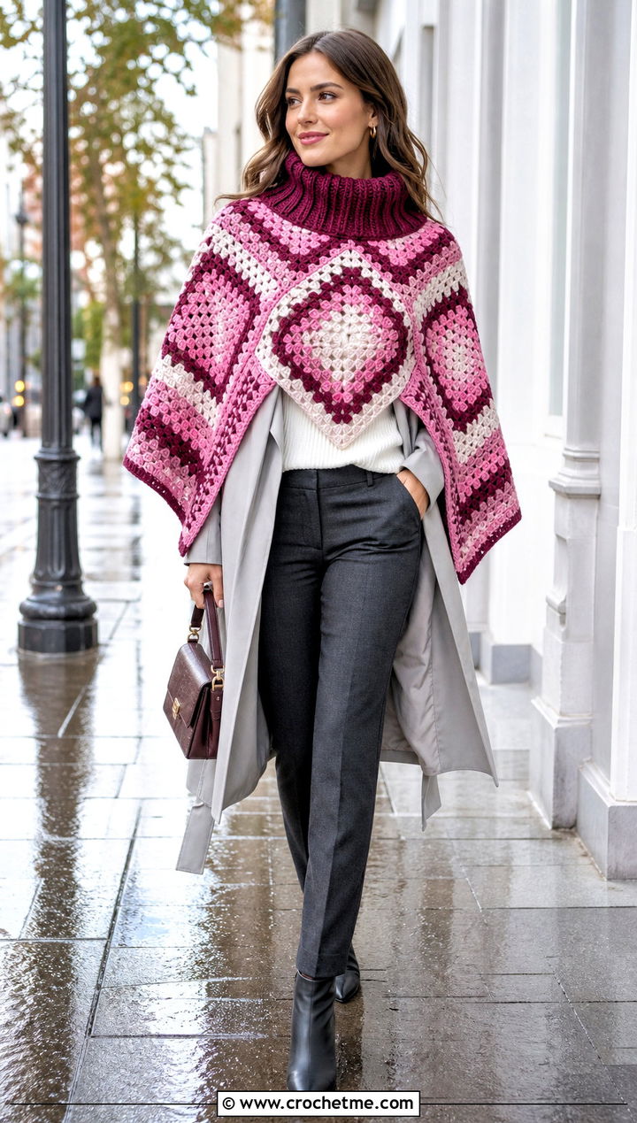 Ribbed Neck Granny Square Poncho With Trench Coat - 35 granny square poncho outfit ideas