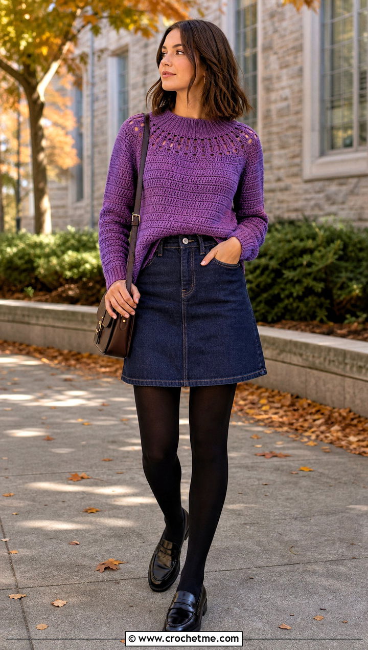 Ribbed Neck Round Yoke Crochet Sweater With Mini Skirt - 20 Round Yoke Crochet Sweater outfit ideas