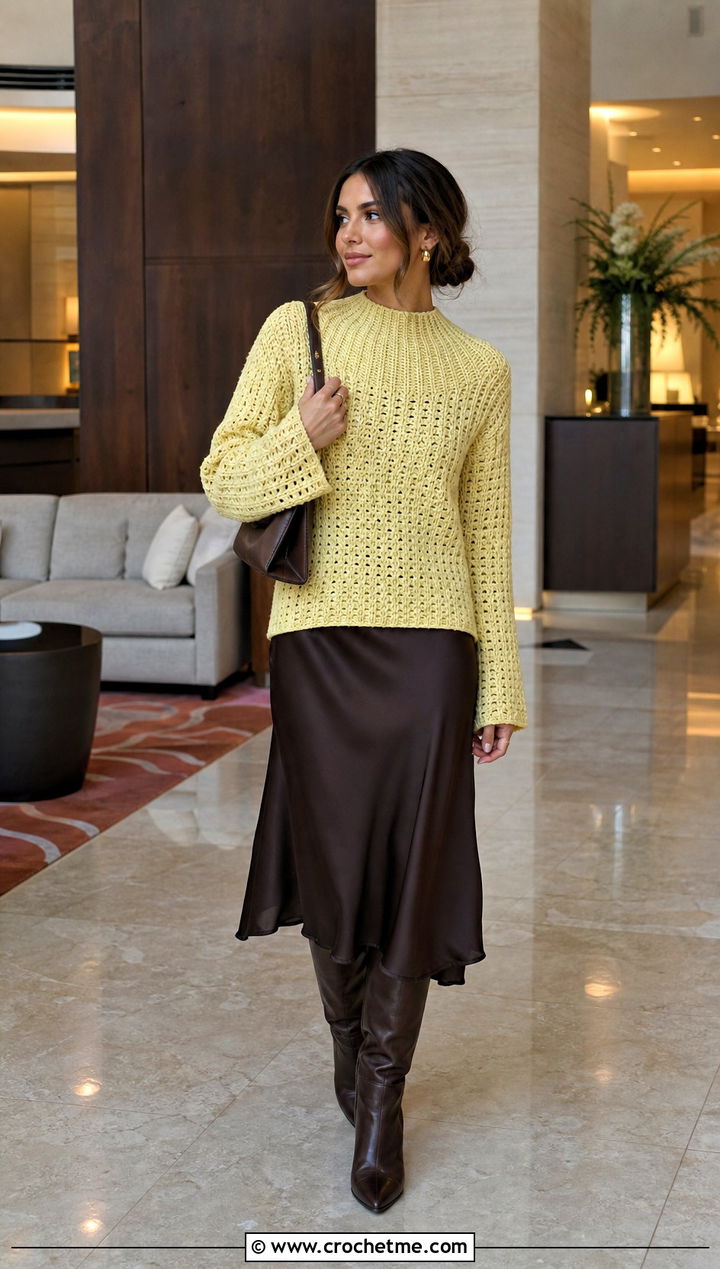 Ribbed Neck Yoke Crochet Sweater Over A Slip Dress - 25 Yoke Down Crochet Sweater outfit ideas