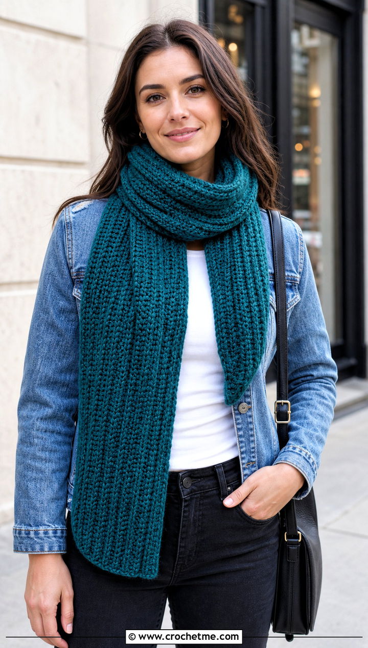 Ribbed One Ball Crochet Scarf With Denim Jacket - 15 one ball crochet scarf outfit ideas