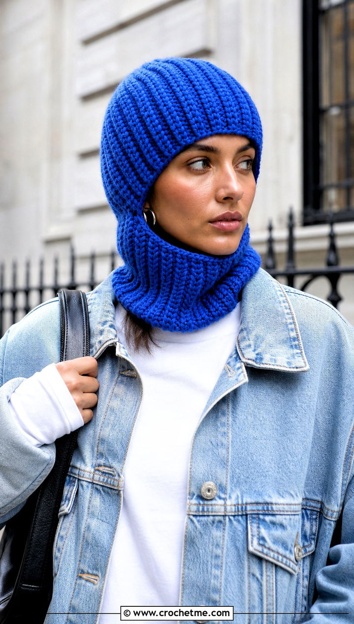Ribbed Open Face Crochet Balaclava With Denim Jacket - 25 easy crochet balaclava outfit ideas
