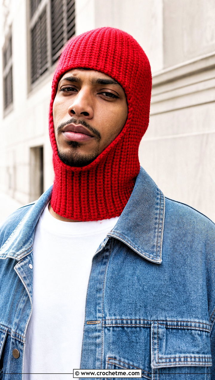 Ribbed Open Face Crochet Balaclava With Denim Jacket - 30 crochet balaclava for men outfit ideas