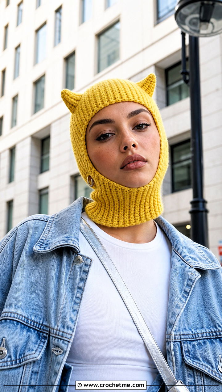Ribbed Open Face Crochet Devil Horn Balaclava With Denim Jacket - 20 crochet devil horn balaclava outfit ideas
