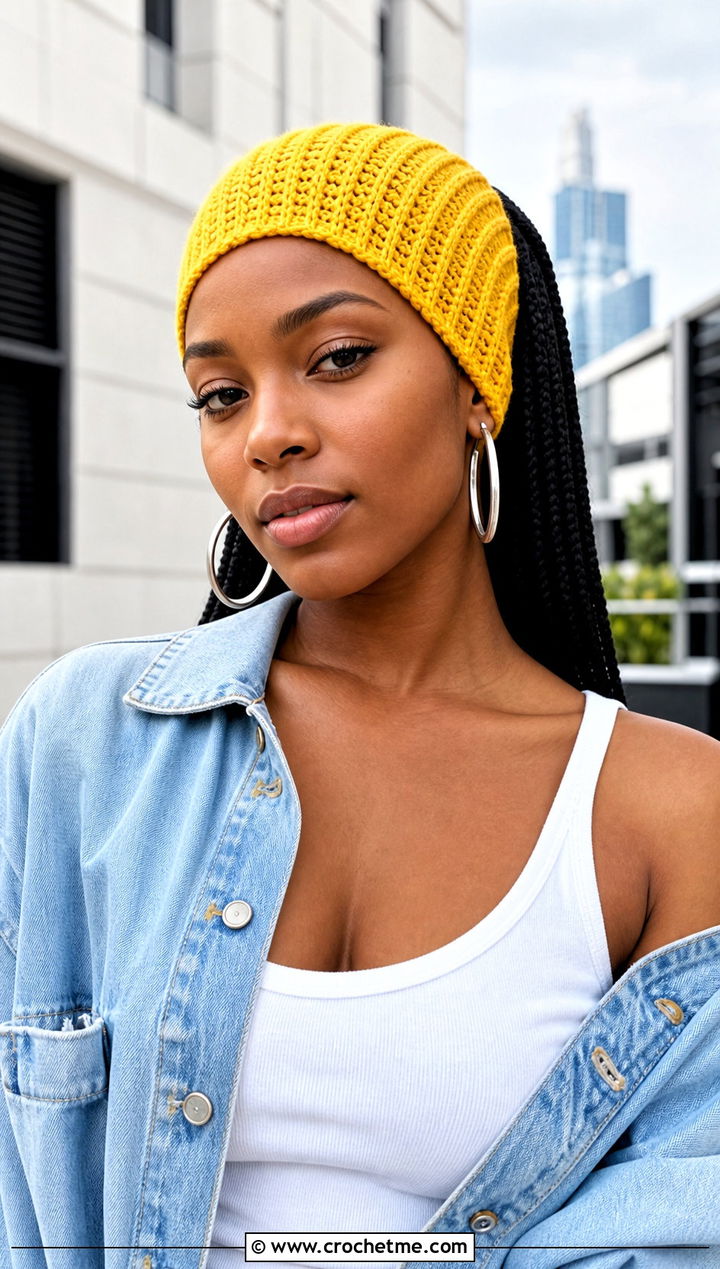 Ribbed Open Top Crochet Tube Hat With Denim Jacket - 25 Crochet Tube Hat outfit ideas