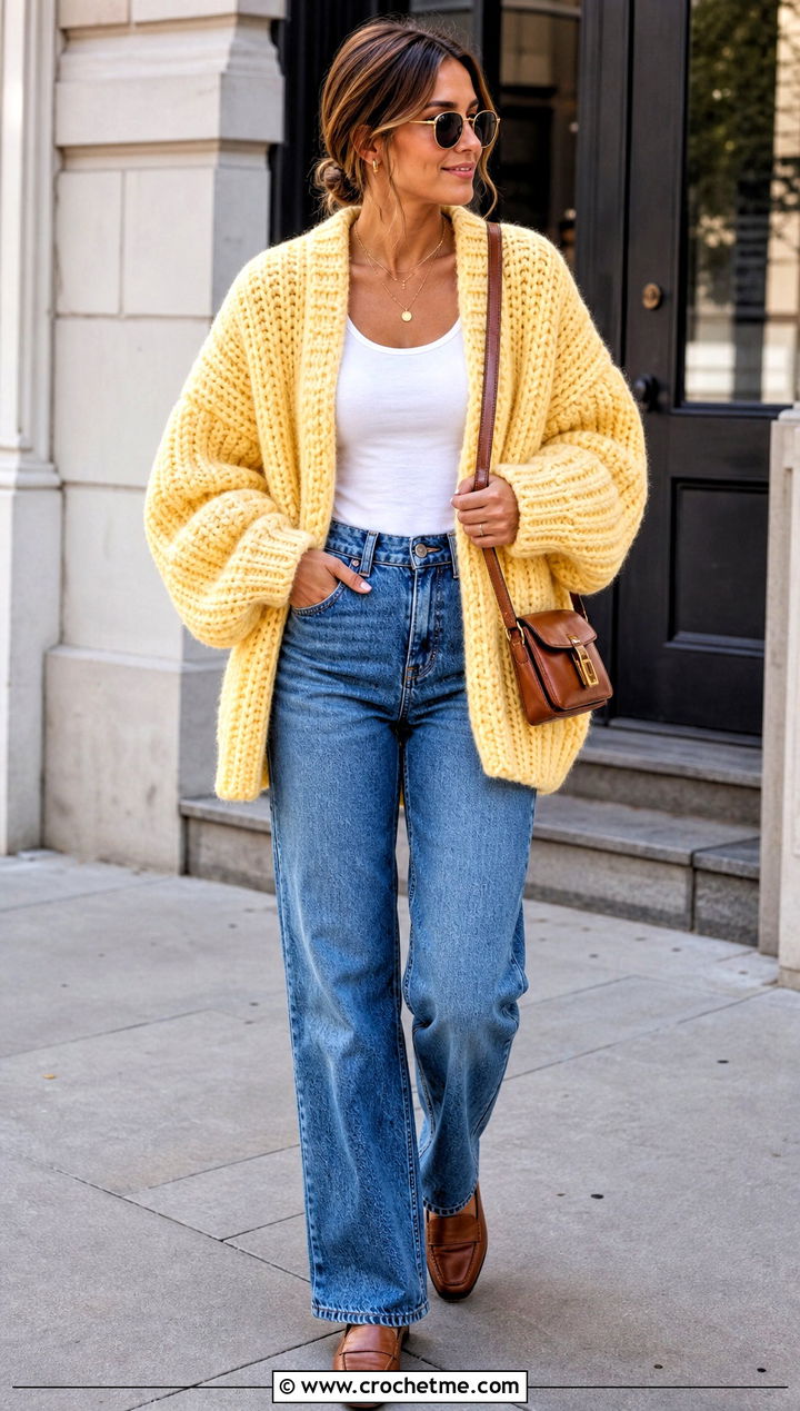 Ribbed Oversized Chunky Crochet Cardigan With Straight Leg Jeans - 25 oversized chunky crochet cardigan outfit ideas