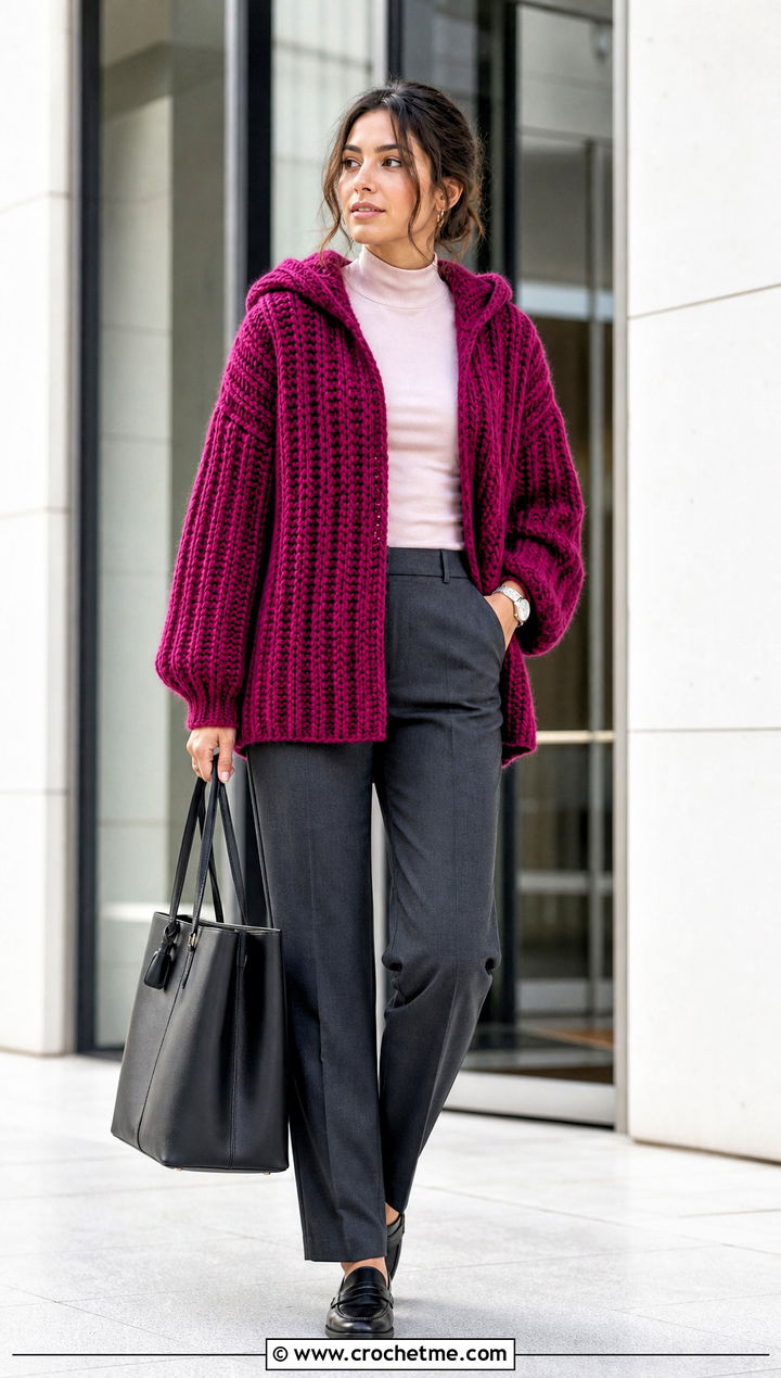 Ribbed Oversized Crochet Hoodie With Straight Trousers - 20 oversized crochet hoodie outfit ideas