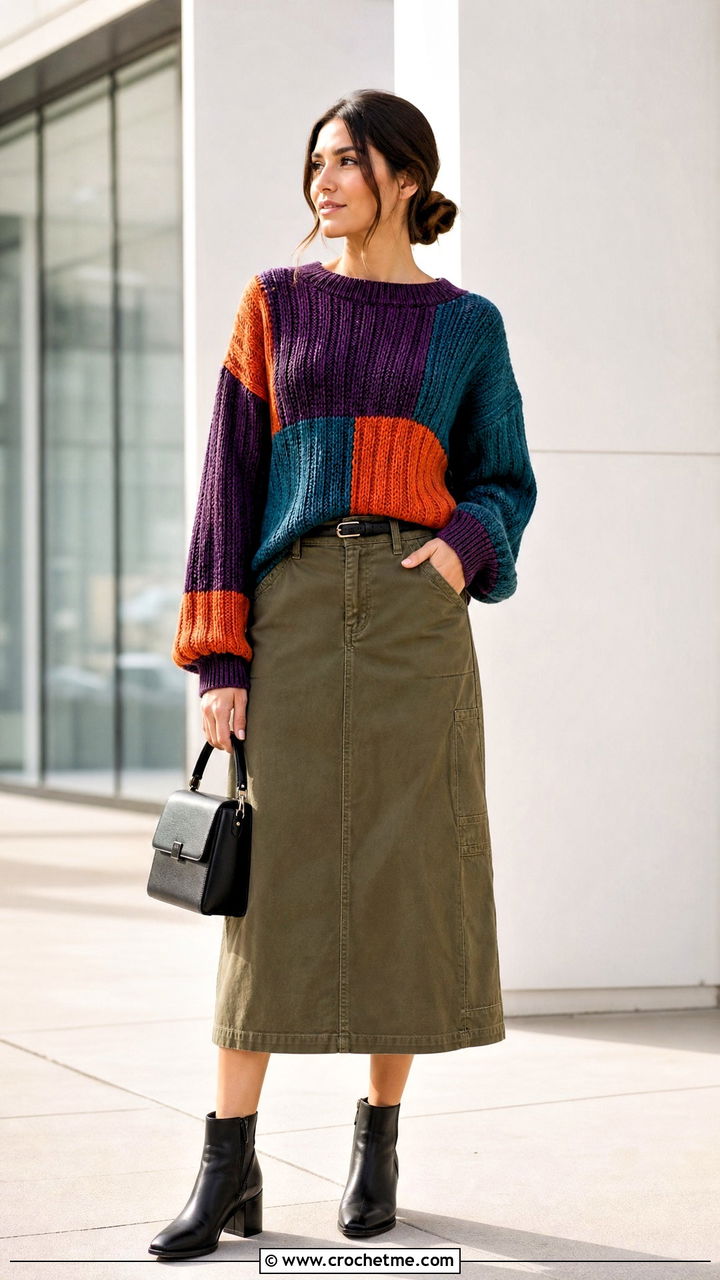 Ribbed Patchwork Crochet Sweater With Utility Skirt - 35 patchwork crochet sweater outfit ideas