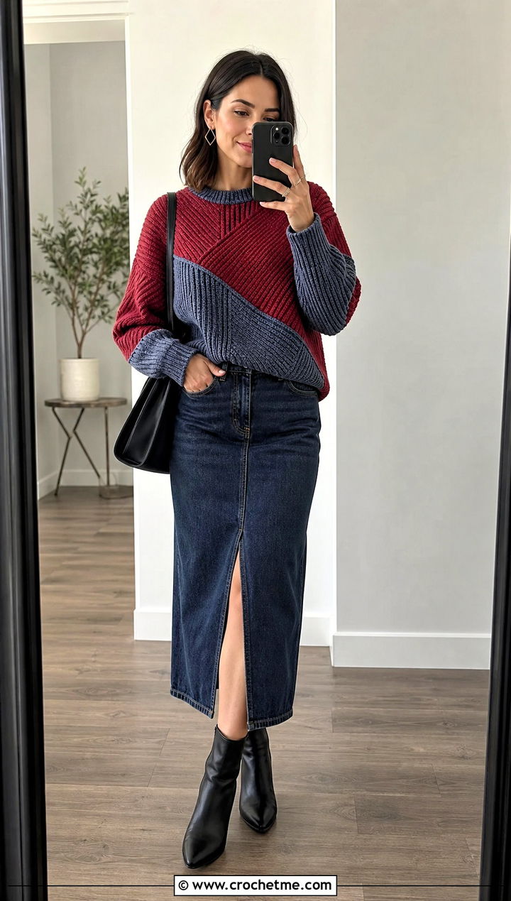 Ribbed Patchwork Sweater With Denim Midi Skirt - 30 crochet patchwork sweater outfit ideas