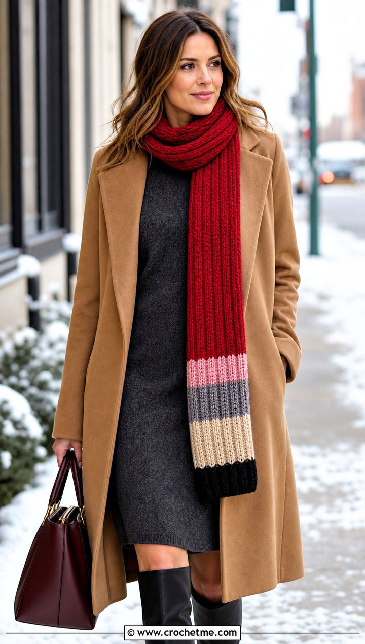 Ribbed Pencil Crochet Scarf With Sweater Dress - 30 Pencil Crochet Scarf outfit ideas