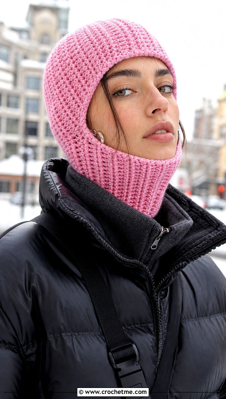 Ribbed Pink Crochet Balaclava With Black Puffer Jacket - 25 Pink Crochet Balaclava outfit ideas