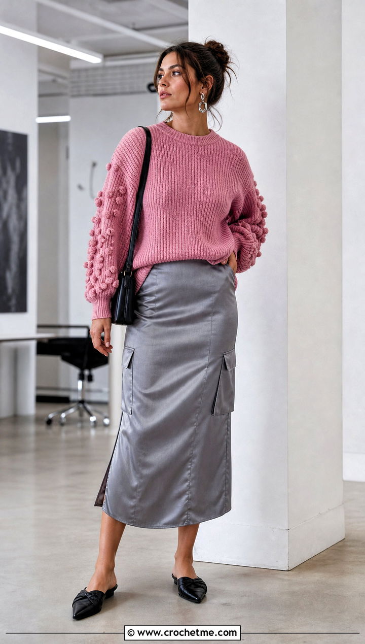 Ribbed Pink Crochet Pom Pom Sweater With Satin Cargo Skirt - 15 pink crochet sweater with pom poms outfit ideas