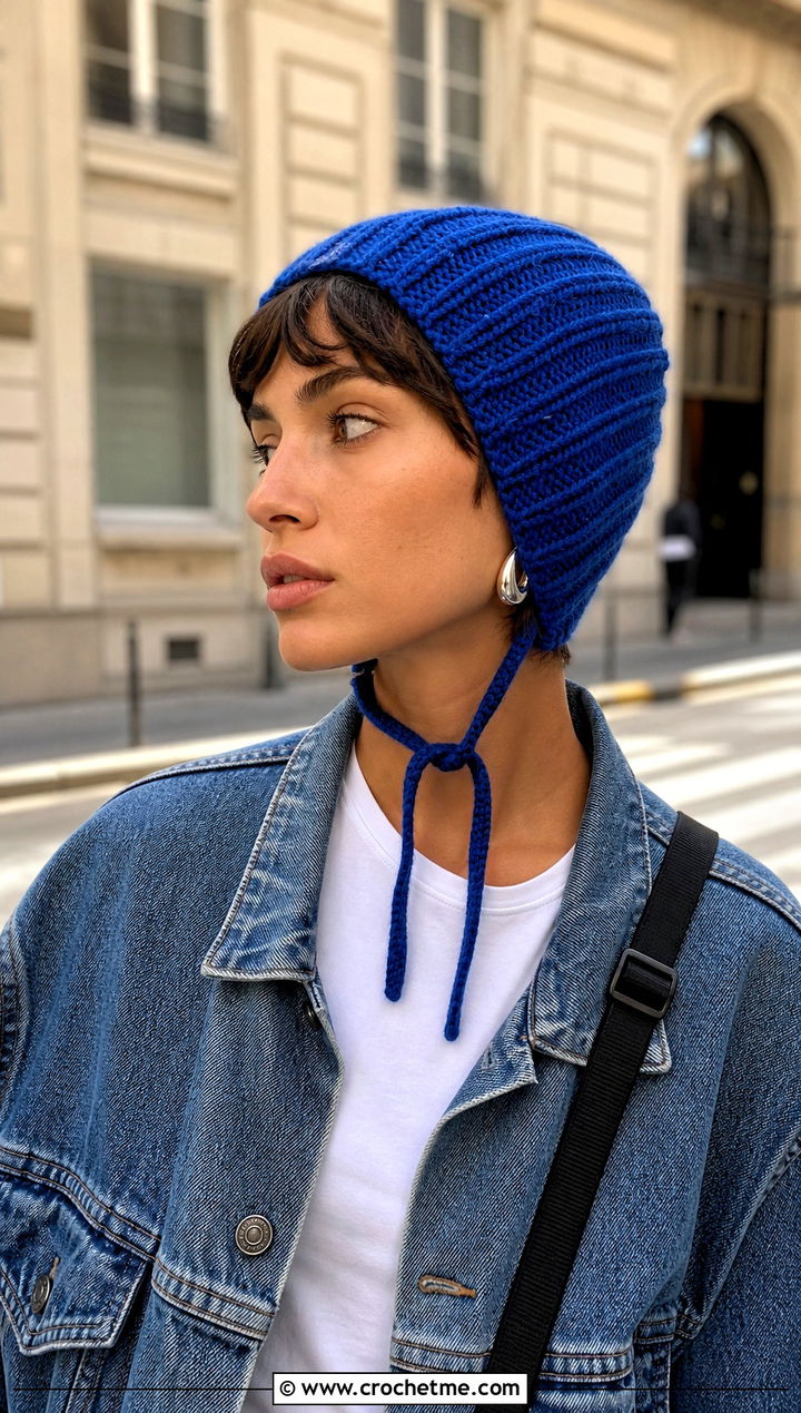 Ribbed Pixie Crochet Bonnet With Denim Jacket - 25 Easy Crochet Bonnet outfit ideas