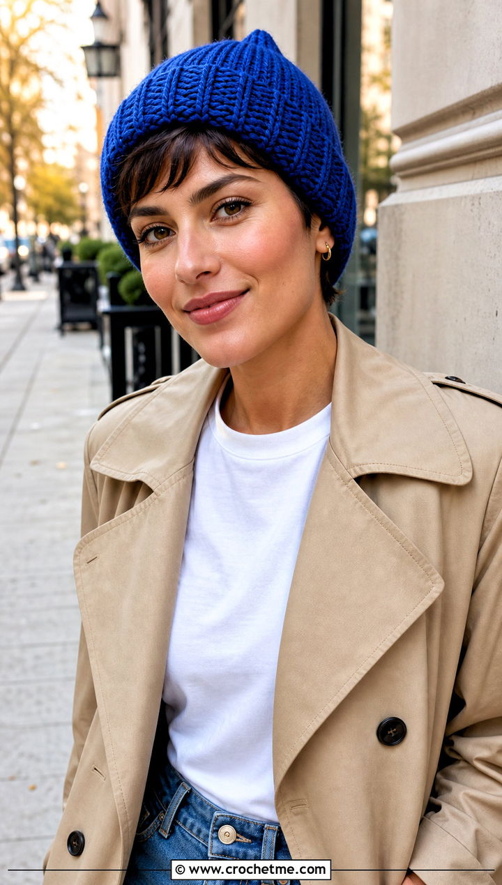 Ribbed Pixie Crochet Hat With Trench Coat And Jeans - 25 pointy crochet hat outfit ideas