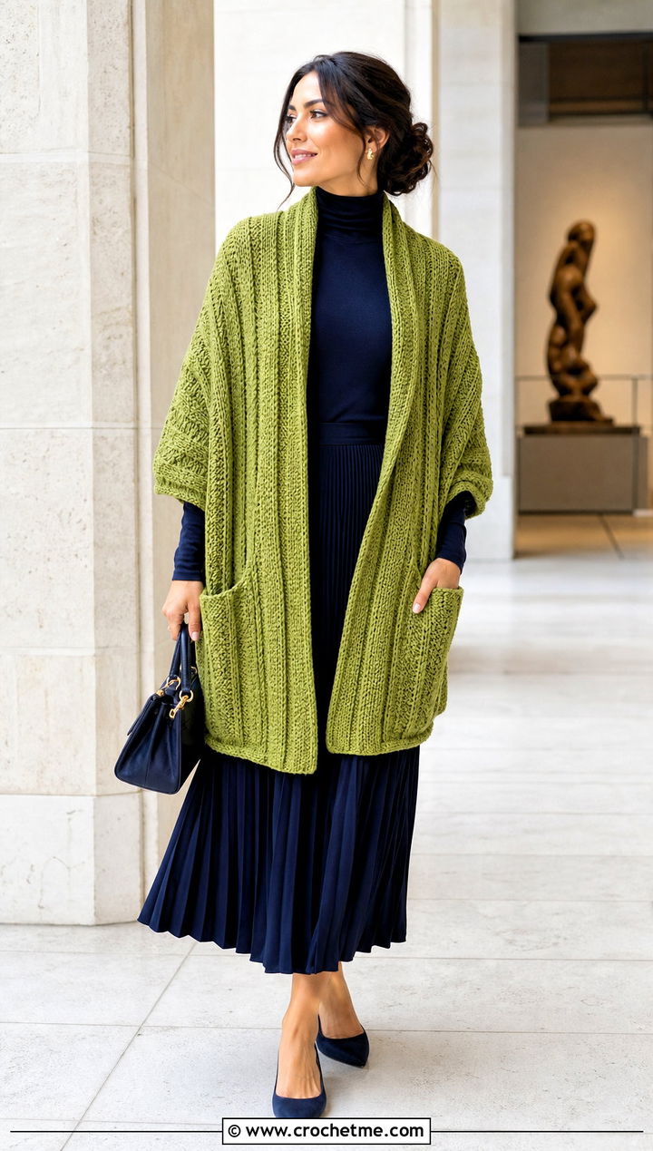 Ribbed Pocket Crochet Shawl With Pleated Skirt - 15 Pocket Crochet Shawl outfit ideas
