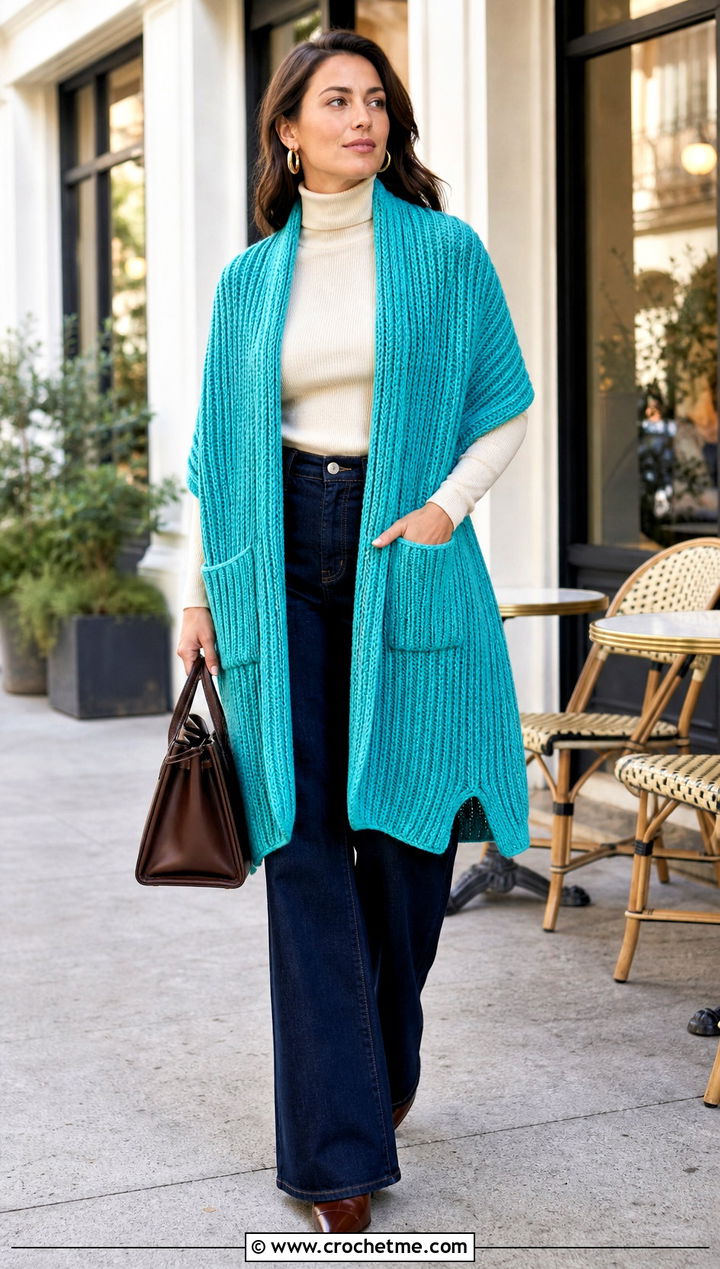 Ribbed Pocket Shawl With Wide Leg Jeans - 15 Tunisian Crochet Pocket Shawl outfit ideas