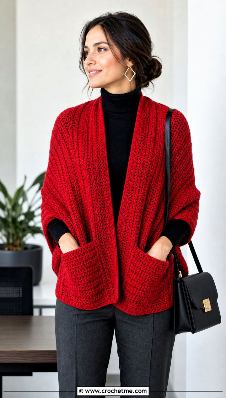 Ribbed Pocket Witch Crochet Shawl With Turtleneck And Trousers - 15 Witch Crochet Shawl outfit ideas