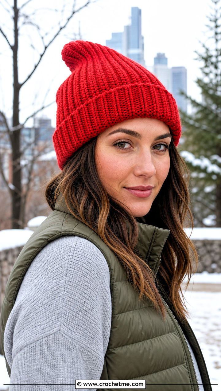 Ribbed Pointed Crochet Beanie With Puffer Vest - 25 Crochet Pointed Hat outfit ideas