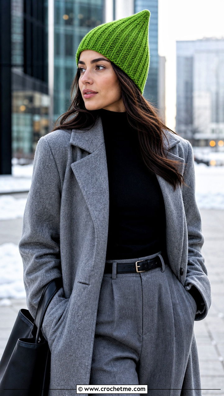 Ribbed Pointed Crochet Hat With Wool Coat and Straight Leg Pants - 20 Pointed Crochet Hat outfit ideas