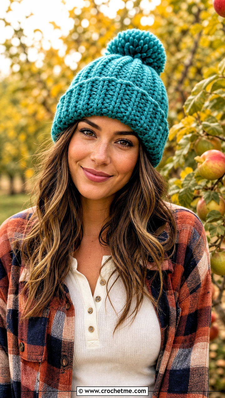 Ribbed Pom Pom Bulky Crochet Beanie With Plaid Shacket - 30 bulky crochet beanie outfit ideas