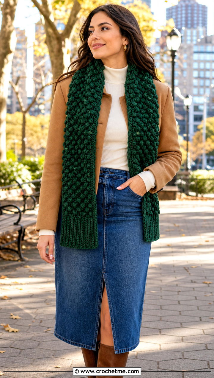 Ribbed Popcorn Crochet Scarf With Denim Skirt - 25 Popcorn Crochet Scarf outfit ideas