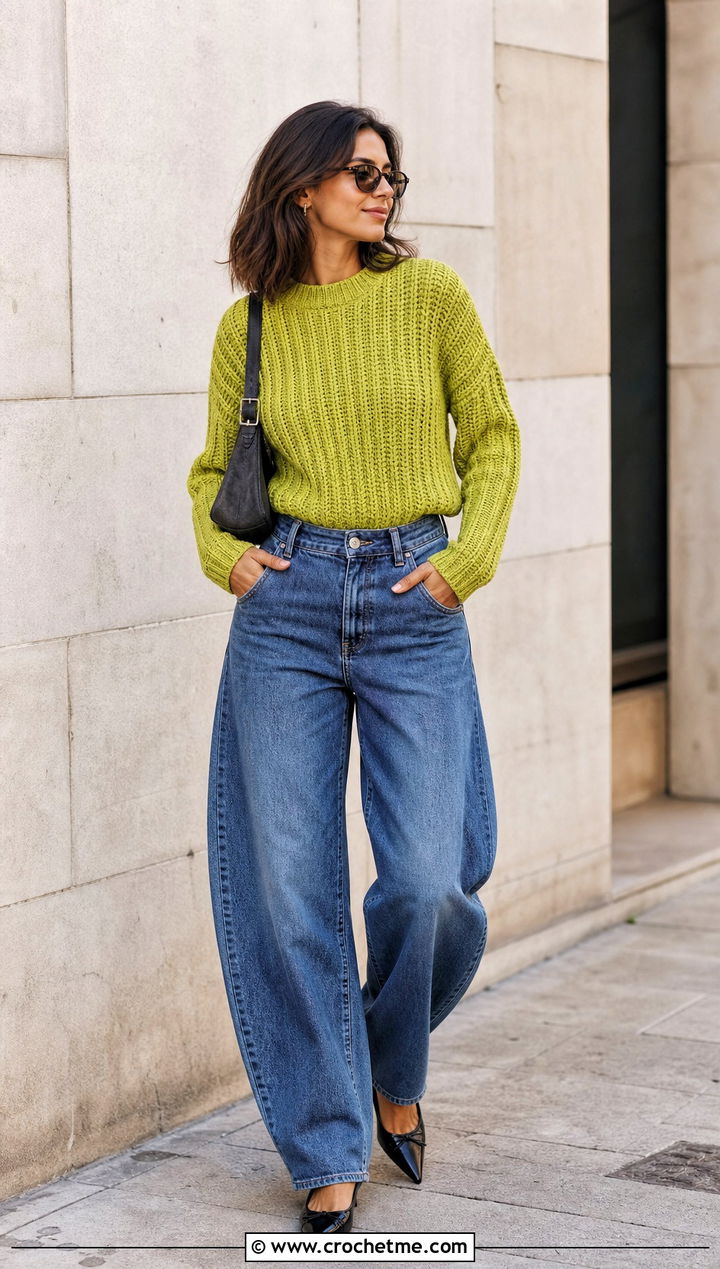 Ribbed Pullover Crochet Sweater With Barrel Jeans - 30 Pullover Crochet Sweater outfit ideas