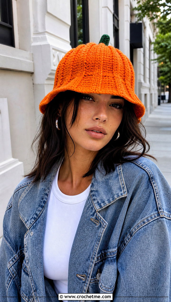 Ribbed Pumpkin Bucket Hat With Denim Jacket - 30 crochet pumpkin bucket hat outfit ideas