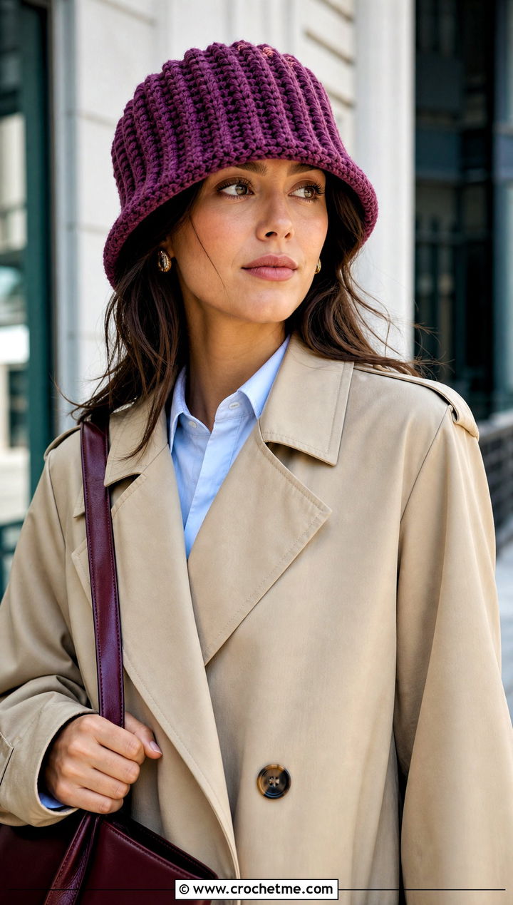 Ribbed Purple Crochet Bucket Hat With Trench Coat And Trousers - 30 purple crochet bucket hat outfit ideas