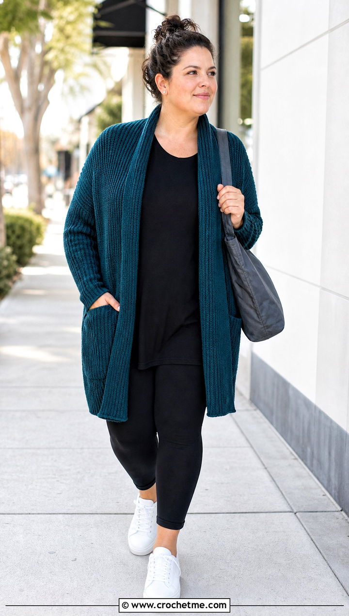Ribbed Reader Wrap With Black Leggings - 35 crochet wrap with pockets outfit ideas