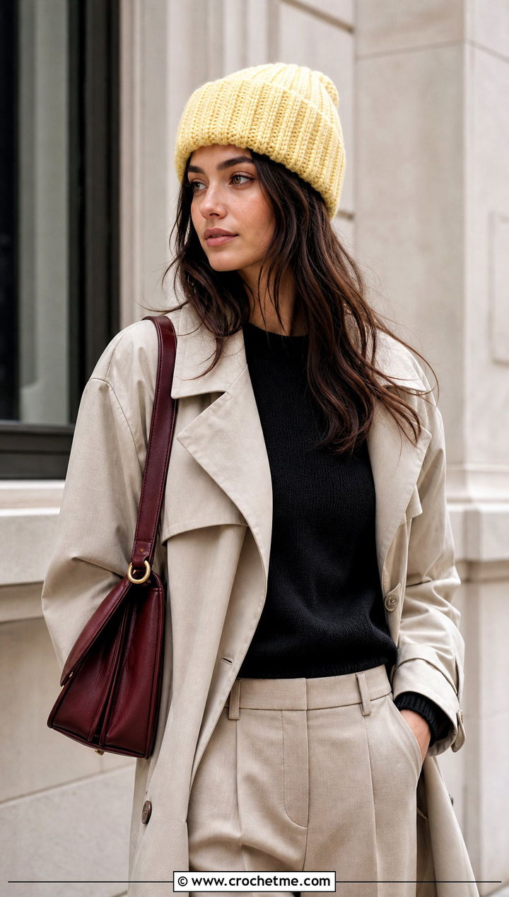 Ribbed Rectangle Beanie With Trench Coat - 25 easy simple crochet hats for beginners outfit ideas