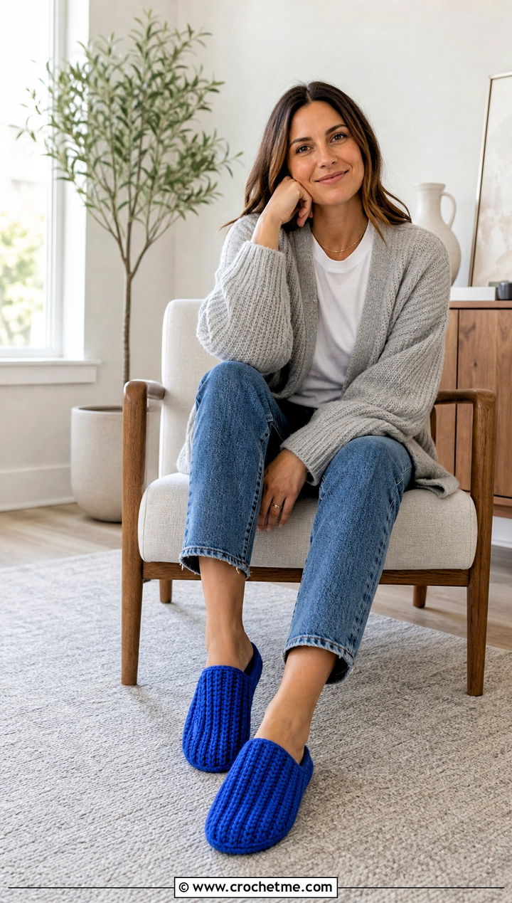 Ribbed Rectangle Crochet Slippers With Jeans And Cardigan - 15 rectangle crochet slipper outfit ideas