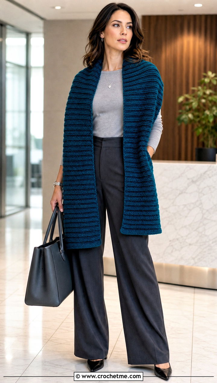 Ribbed Rectangle Crochet Wrap With Tailored Trousers - 20 Rectangle Crochet Wrap outfit ideas
